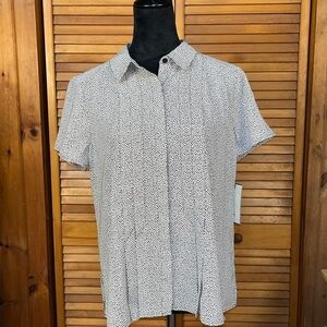 Dana Buchman Womens Black Polkadot Short Sleeve Button Up Collard Shirt Size L